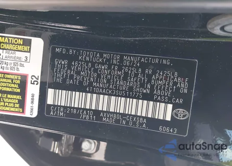 2025 Toyota Camry Se из США, поврежденный, VIN 4T1DAACK3SU511775